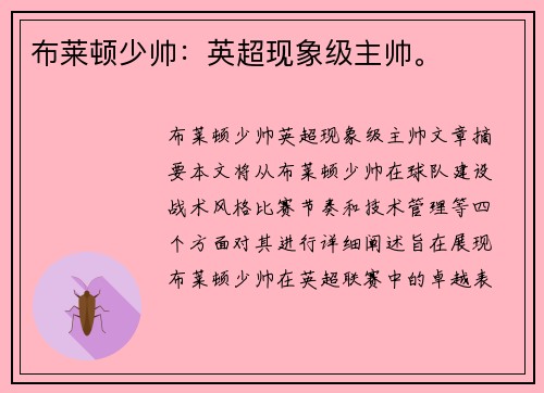 布莱顿少帅：英超现象级主帅。